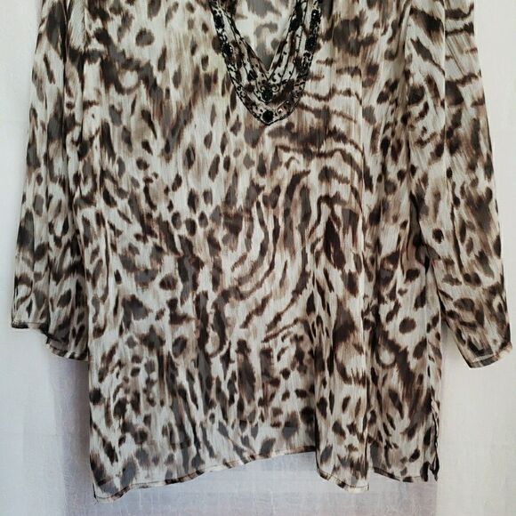 Chico's Chiffon Sequin Collar 3/4 Sleeve Sheer Blouse Lepoard Women 3 (XL) *FLAW - Picture 3 of 9